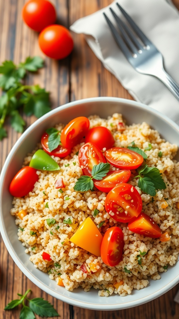 A bowl of cooked quinoa topped with vegetables, herbs, and a fork on a rustic table.